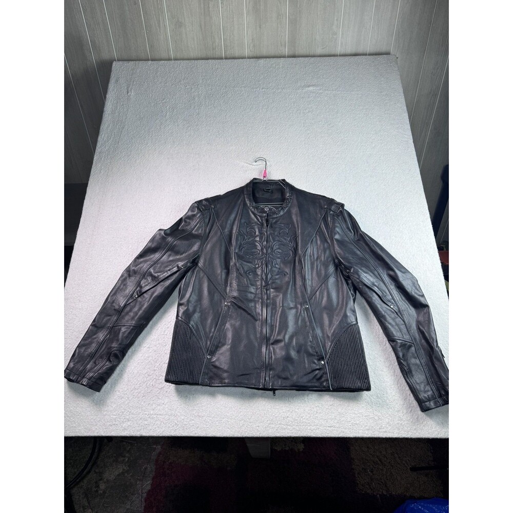 Leather King Men's 4XL Black Motorcycle Biker Jacket Embroidered Studded Full